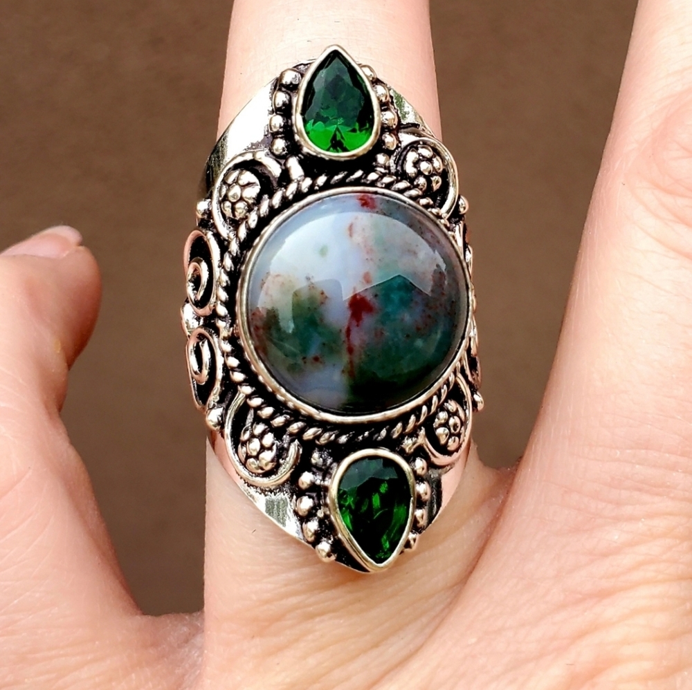New Bloodstone & Peridot 925 Silver Statement Ring.